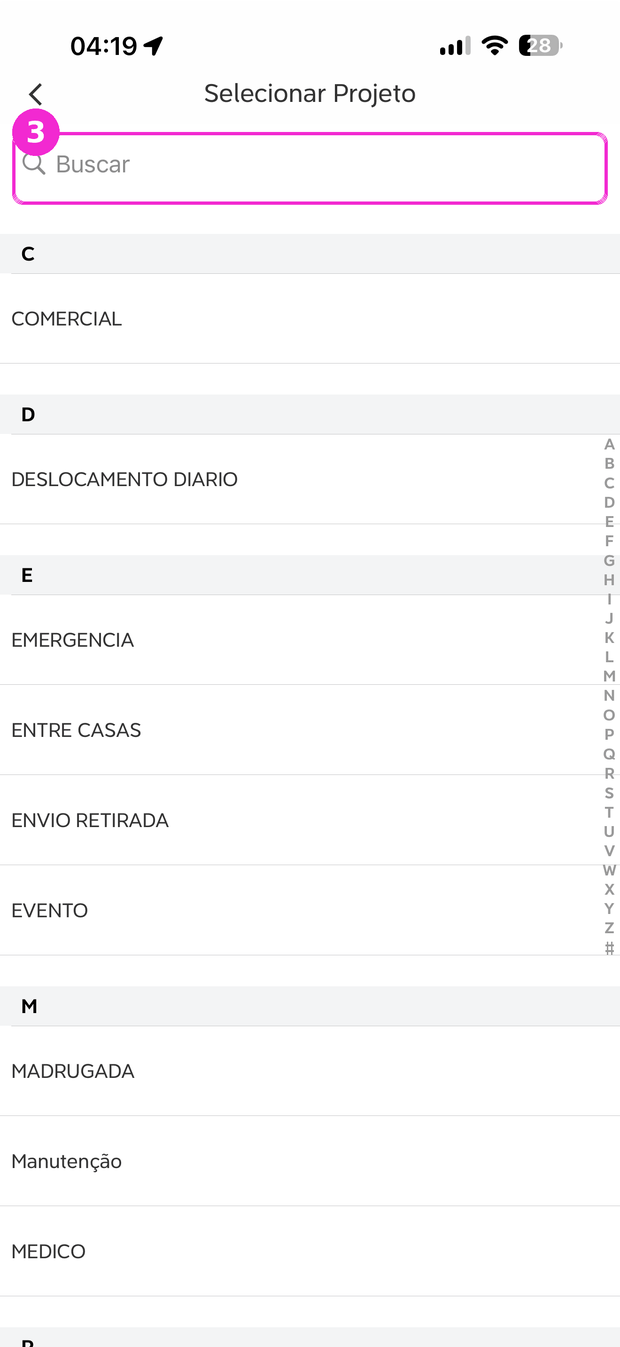 Lista de projetos da 99 em ordem alfabética, com o campo Buscar destacado.