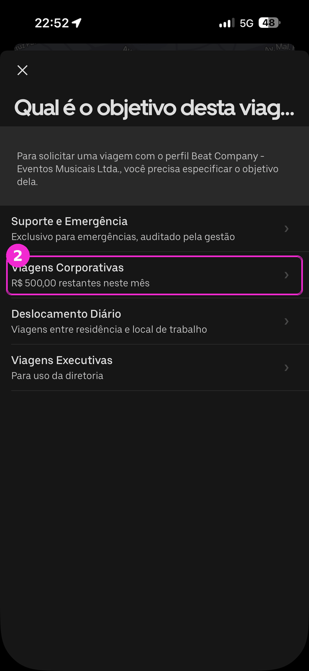 Tela do Uber perguntando o objetivo da viagem, com a opção Viagens Corporativas destacada.