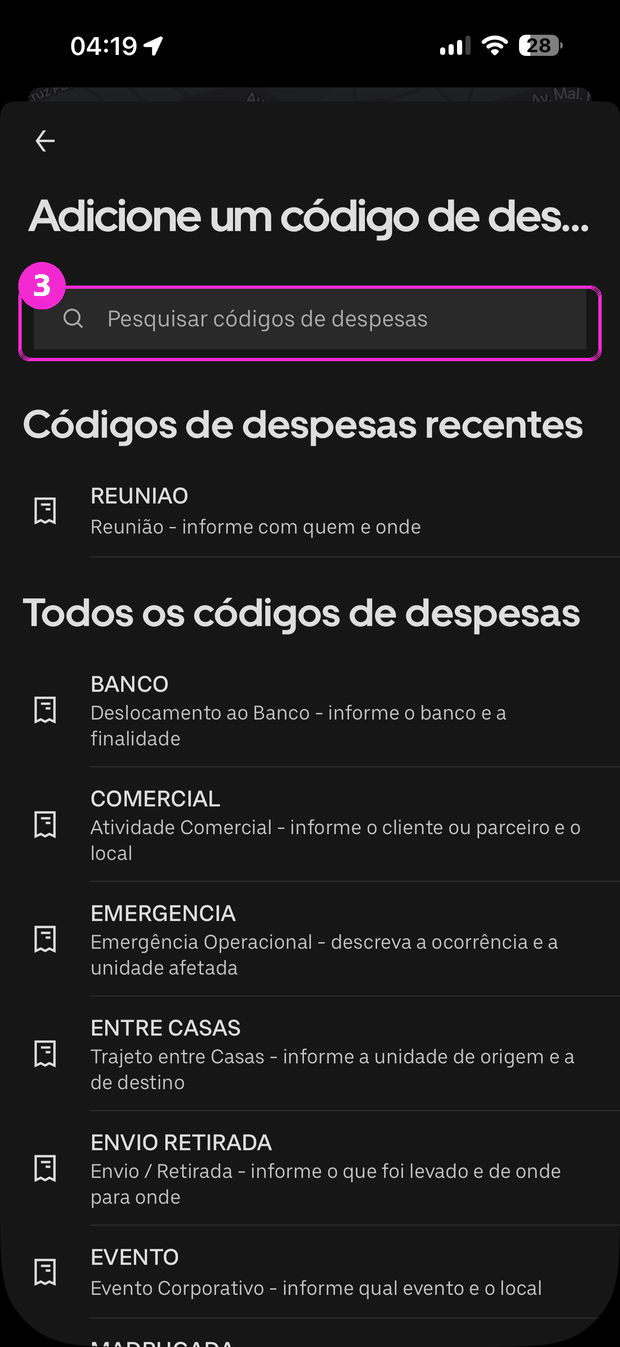 Tela do Uber para adicionar o código de despesa, com o campo de busca destacado.