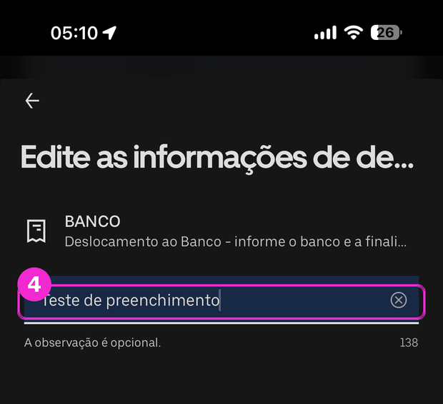 Tela do Uber para editar as informações de despesa, com o campo de observação destacado e o contador de caracteres restantes.